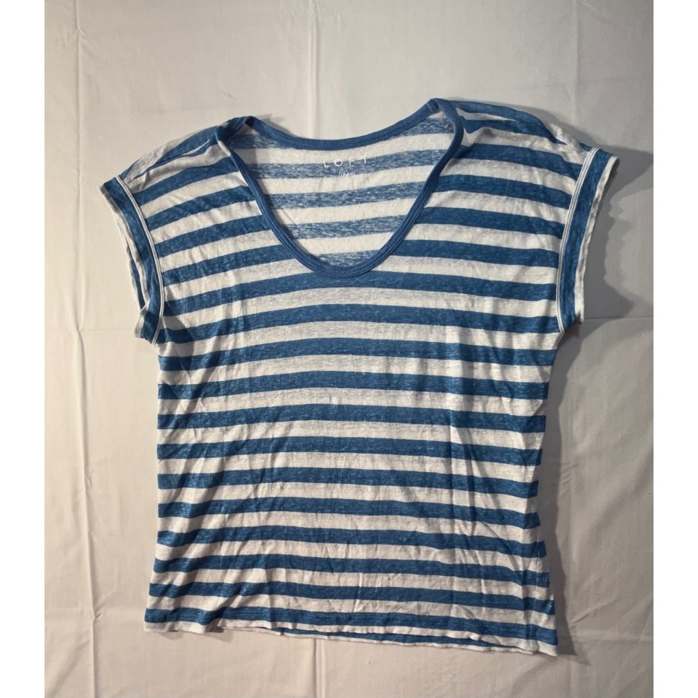 Loft Linen V-Neck Striped Tee Blue White Short Sleeve Top XS